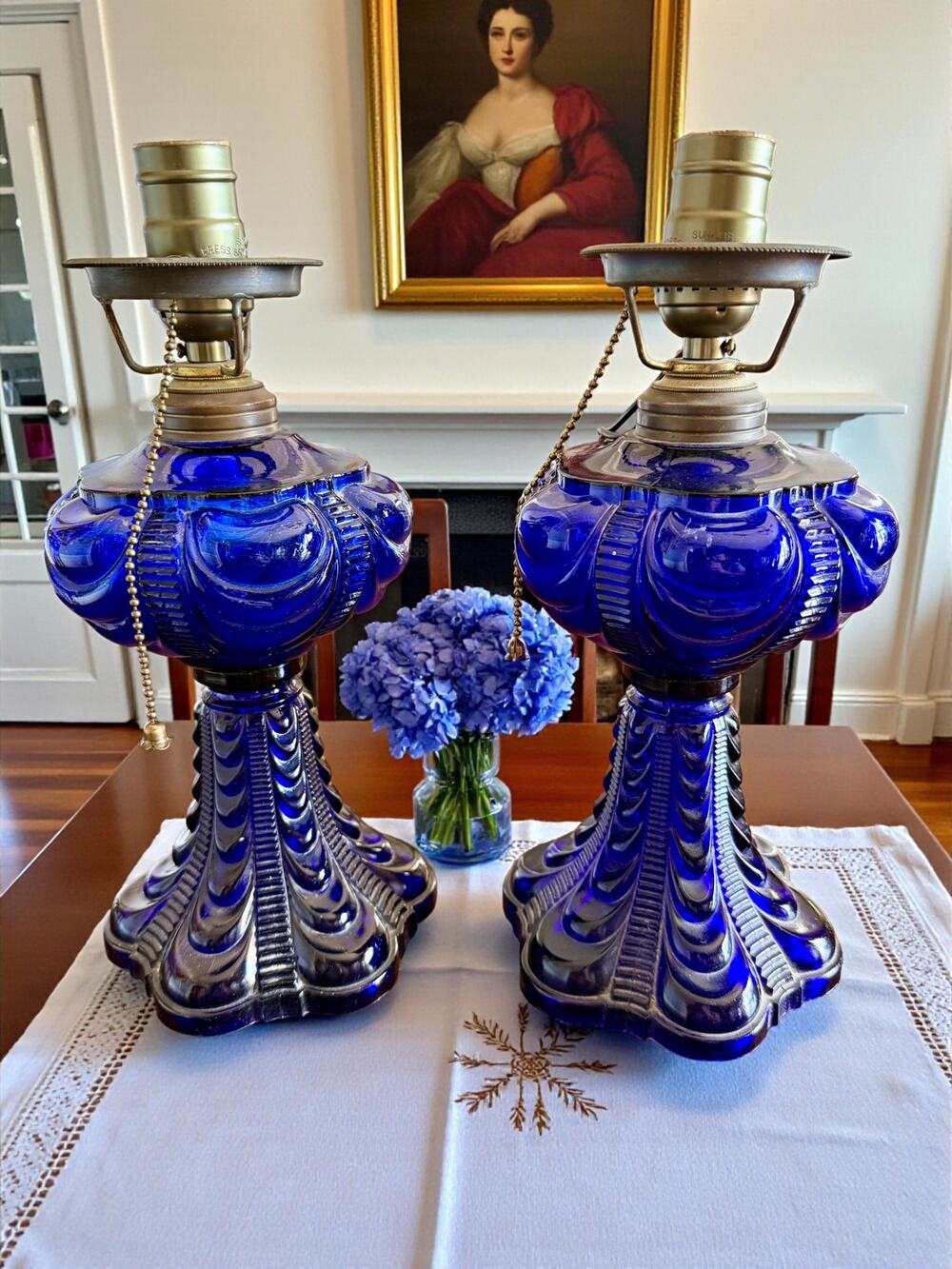 Pair Cobalt Blue Coolidge Drape Oil Lamps-Converted Electric-Victorian Table